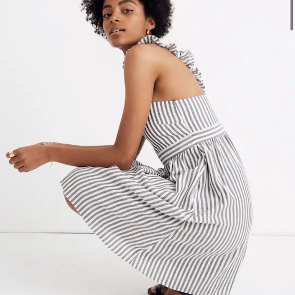 Madewell Gray White Stripe Ruffle Tank Mini Empire Dress Size 8 - Picture 3 of 7